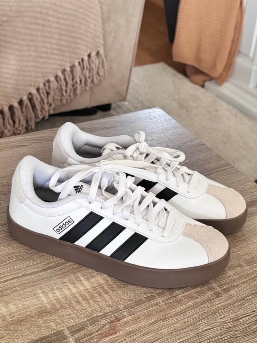 adidas Women's White Sneakers with Black Stripes and Brown Gum Sole